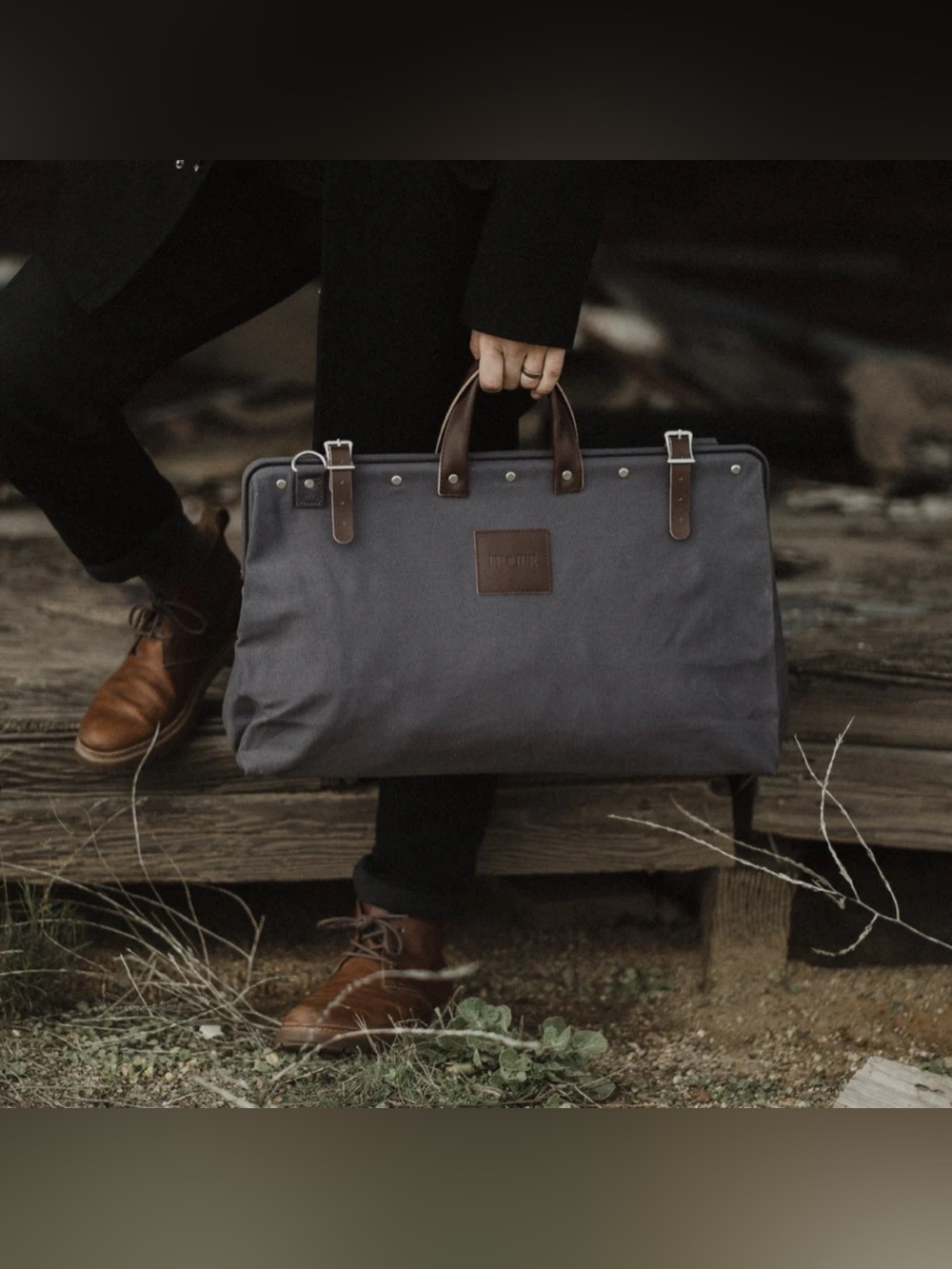 Men's Charcoal Canvas Duffel weekender bag with Brown Leather Trim